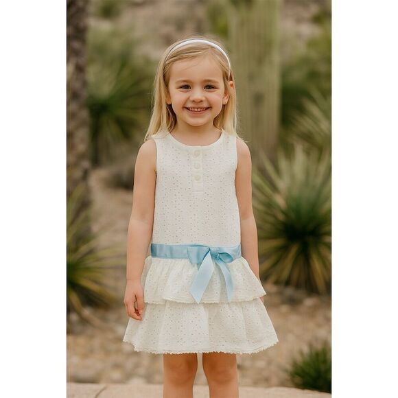 Hanna Andersson Girls White Eyelet Ruffle Layer Lace Dress Size 5 - Picture 1 of 9